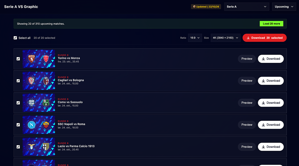 VS Graphic Generator interface listing upcoming Serie A matches with preview and download buttons